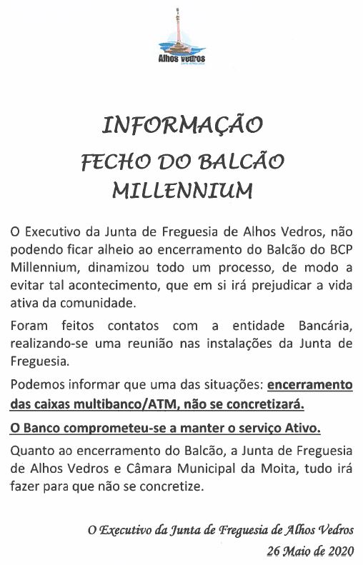 Informação fecho do balcão Millennium