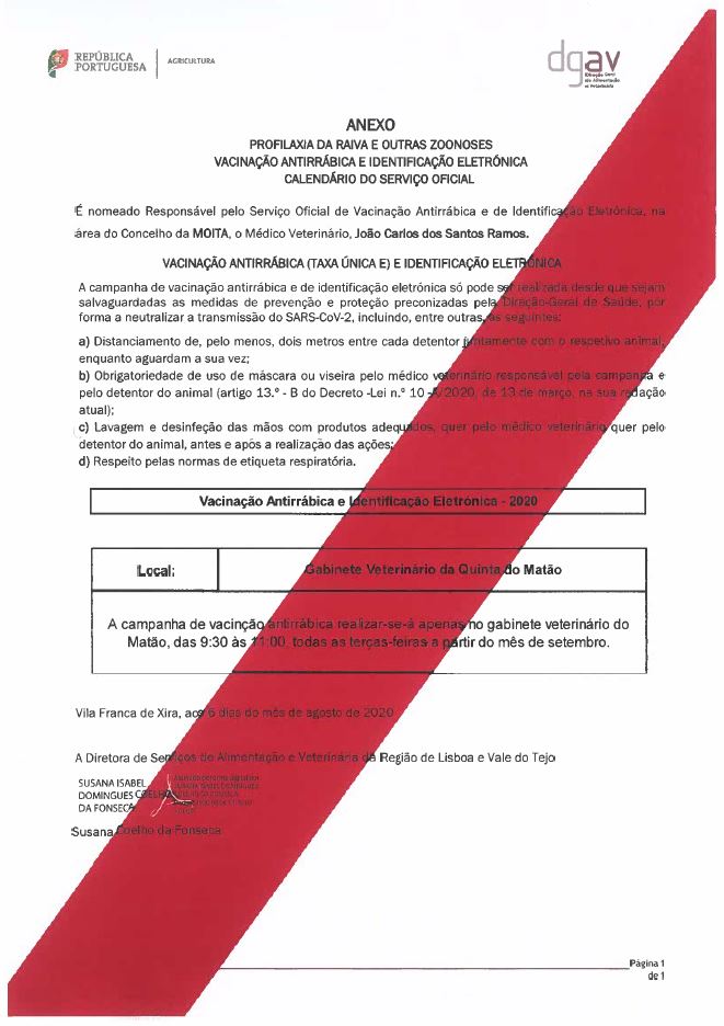 Vacinação antirrábica e identificação eletrónica - Calendário oficial